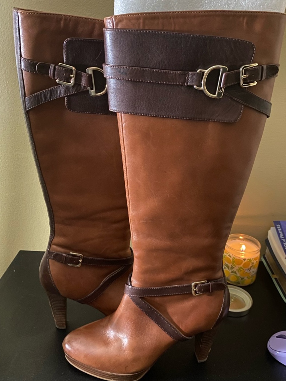 Chestnut and Dark Brown Leather Knee-High Heeled Boots Cole Haan Nike Air